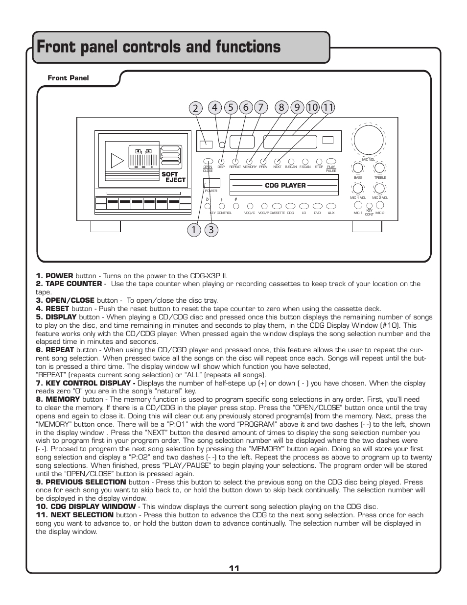 Front panel controls and functions | VocoPro CDG-X3P II User Manual | Page 12 / 24