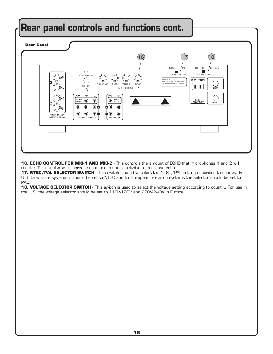 Rear panel controls and functions cont | VocoPro CDG-X3P II User Manual | Page 17 / 24