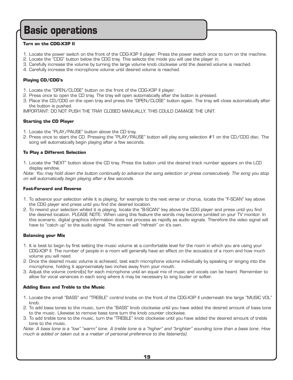 Basic operations | VocoPro CDG-X3P II User Manual | Page 20 / 24