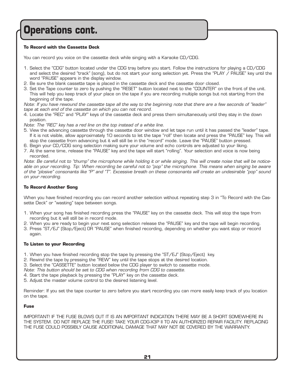 Operations cont | VocoPro CDG-X3P II User Manual | Page 22 / 24