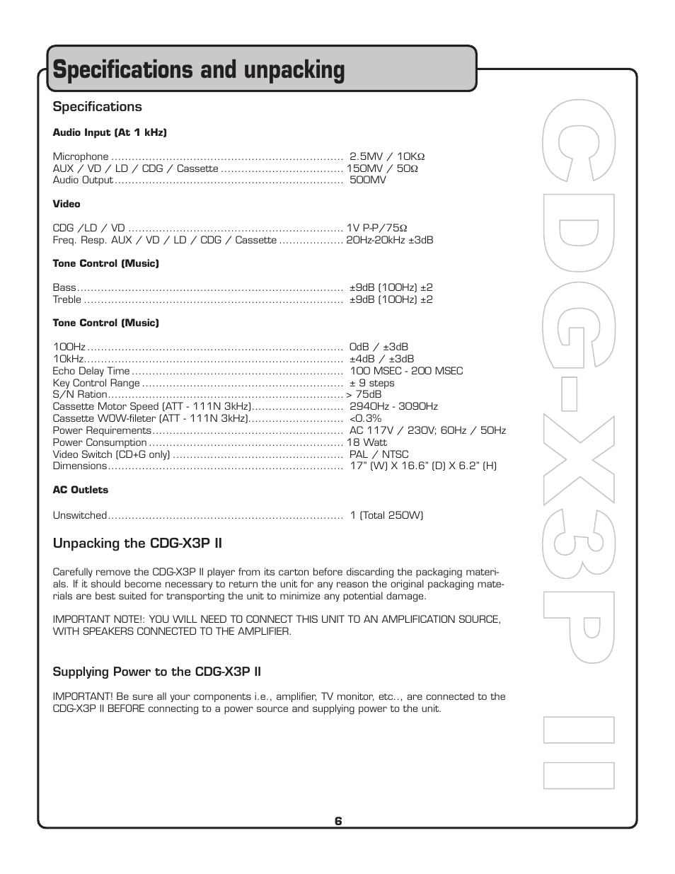 Speciﬁcations and unpacking | VocoPro CDG-X3P II User Manual | Page 7 / 24