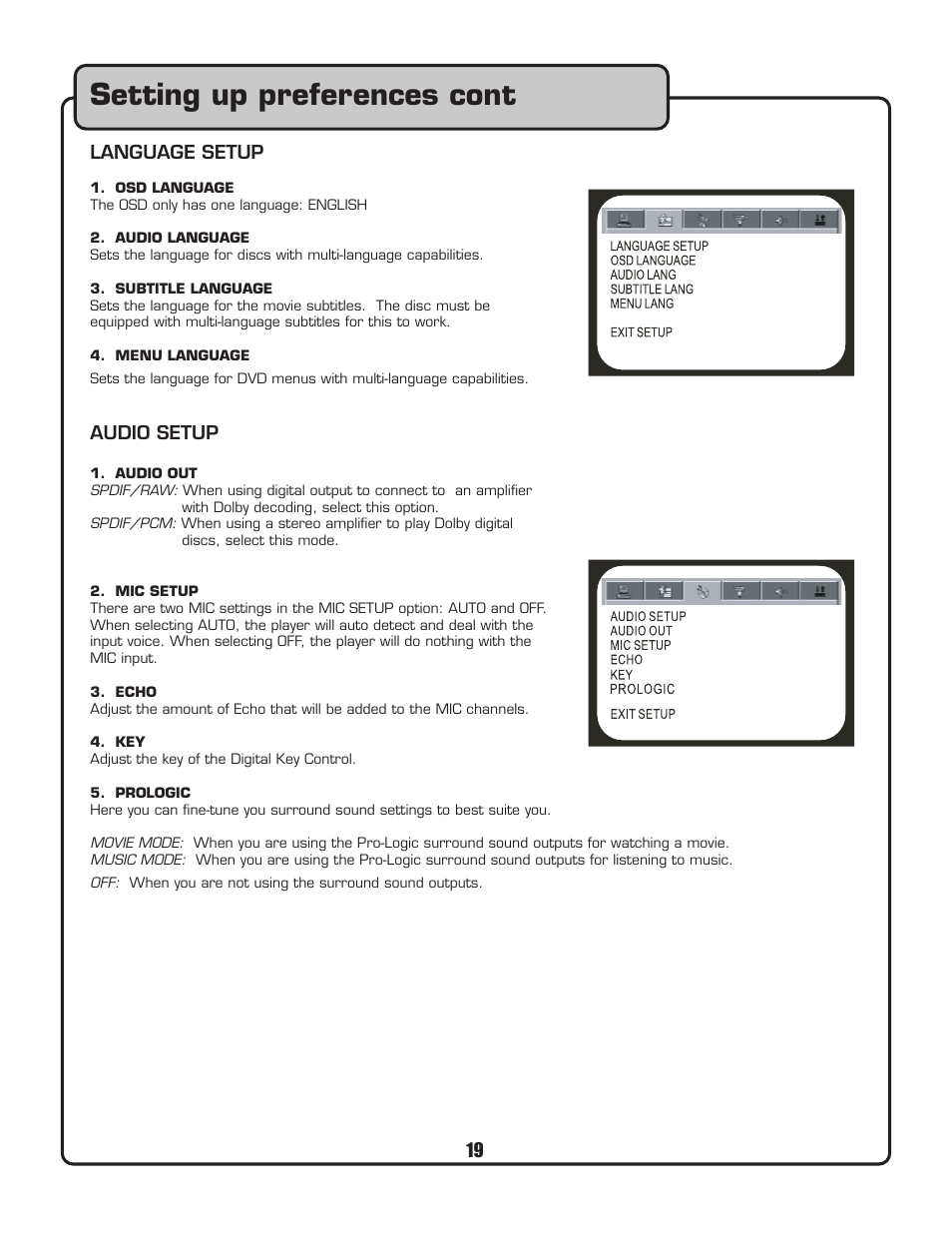 Setting up preferences cont | VocoPro DVG-399K User Manual | Page 20 / 27