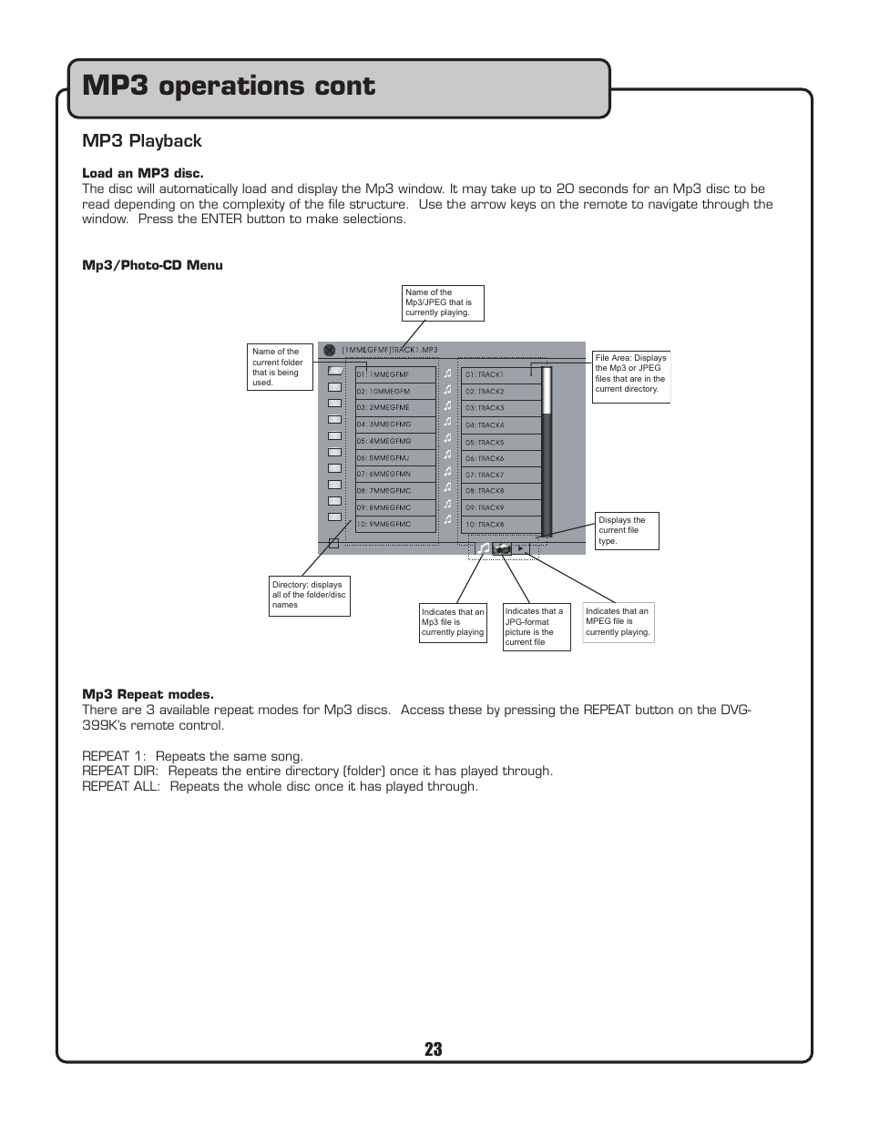 Mp3 operations cont, 23 mp3 playback | VocoPro DVG-399K User Manual | Page 24 / 27
