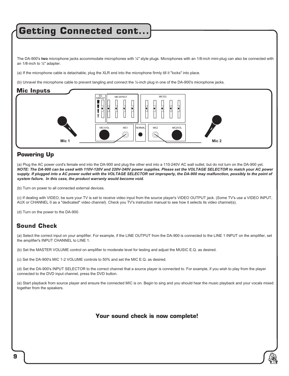 Pg 09 getting connected3.pdf, Getting connected cont, Powering up | VocoPro DA-900 User Manual | Page 10 / 14