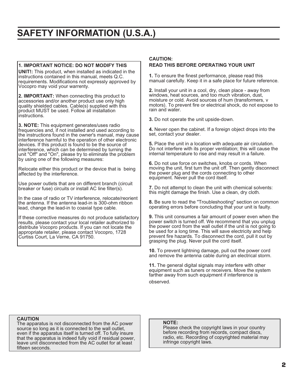 Pg 02 caution.pdf, Safety information (u.s.a.) | VocoPro DA-900 User Manual | Page 3 / 14