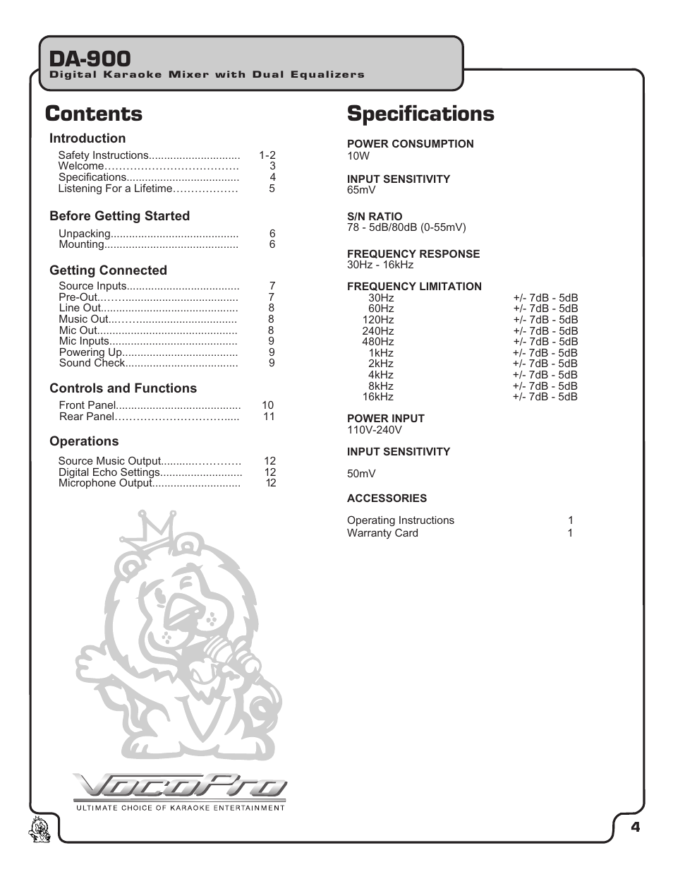 Pg 04 table of contents.pdf, Contents da-900, Specifications | VocoPro DA-900 User Manual | Page 5 / 14