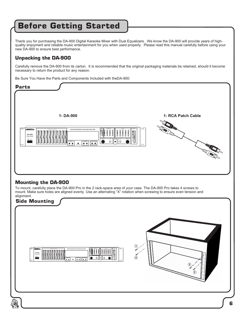 Pg 06 before getting started.pdf, Before getting started, Unpacking the da-900 | 6parts, Mounting the da-900 side mounting, Da-900, Rca patch cable | VocoPro DA-900 User Manual | Page 7 / 14