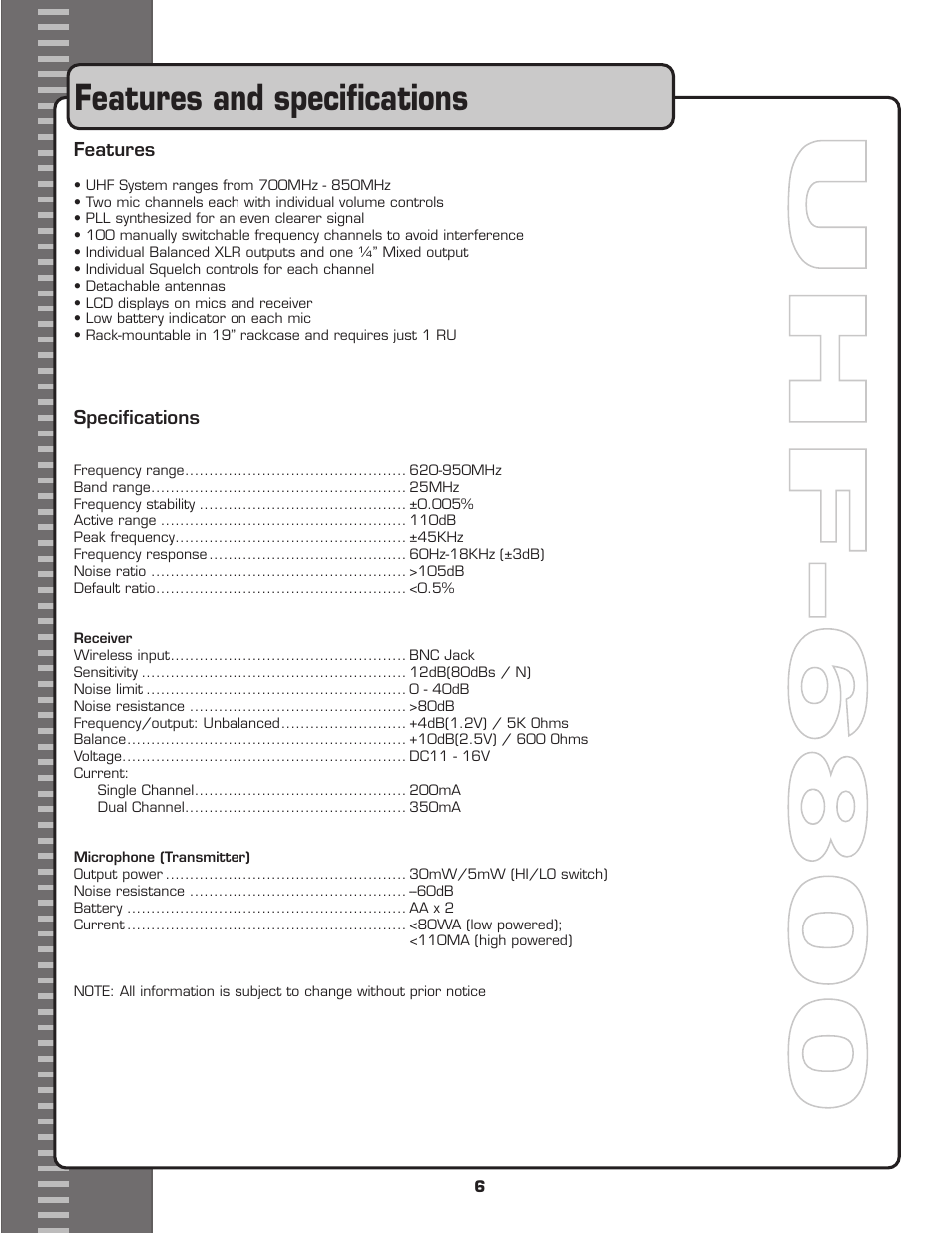 Features and speciﬁcations | VocoPro UHF-6800 User Manual | Page 7 / 21