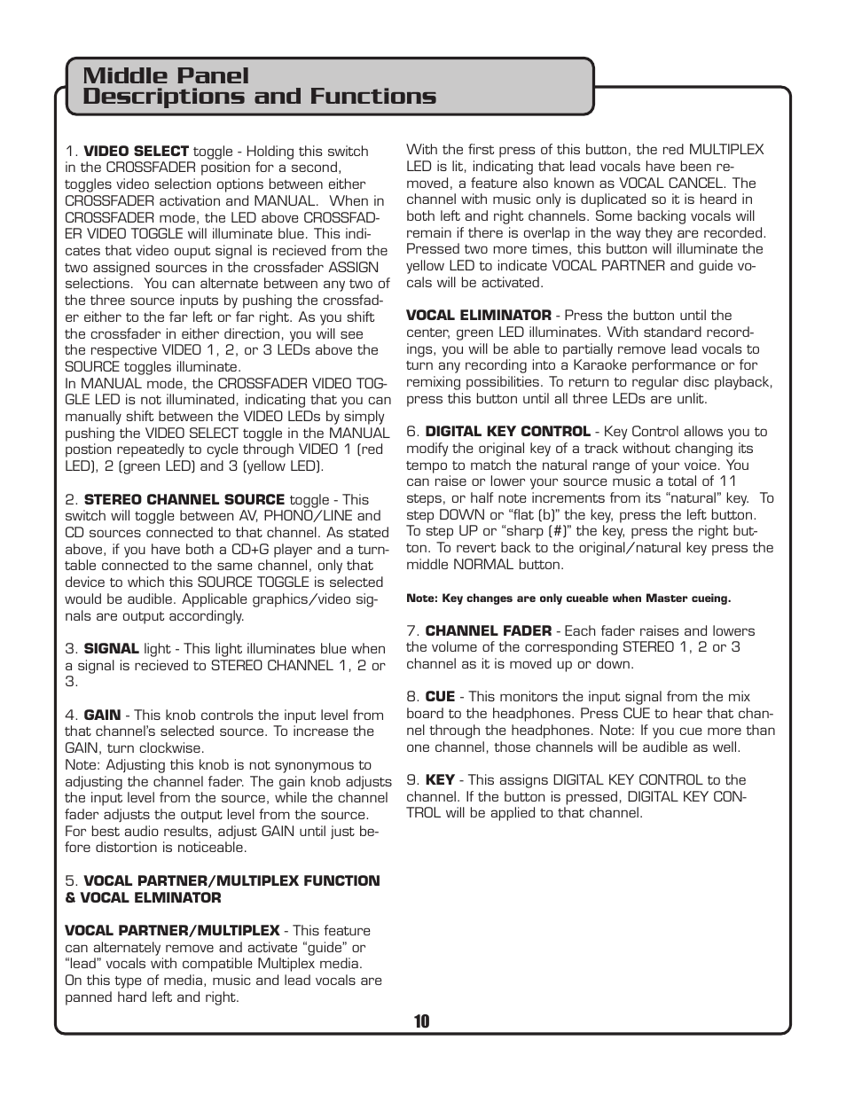 Middle panel descriptions and functions | VocoPro PKJ-9090PRO User Manual | Page 11 / 24