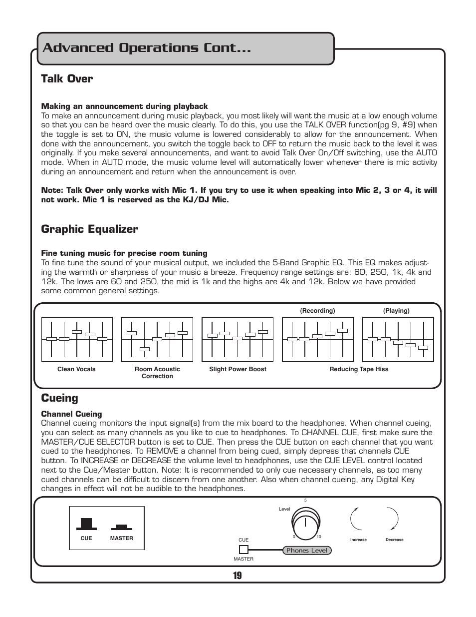 Advanced operations cont, Talk over, Graphic equalizer cueing | VocoPro PKJ-9090PRO User Manual | Page 20 / 24