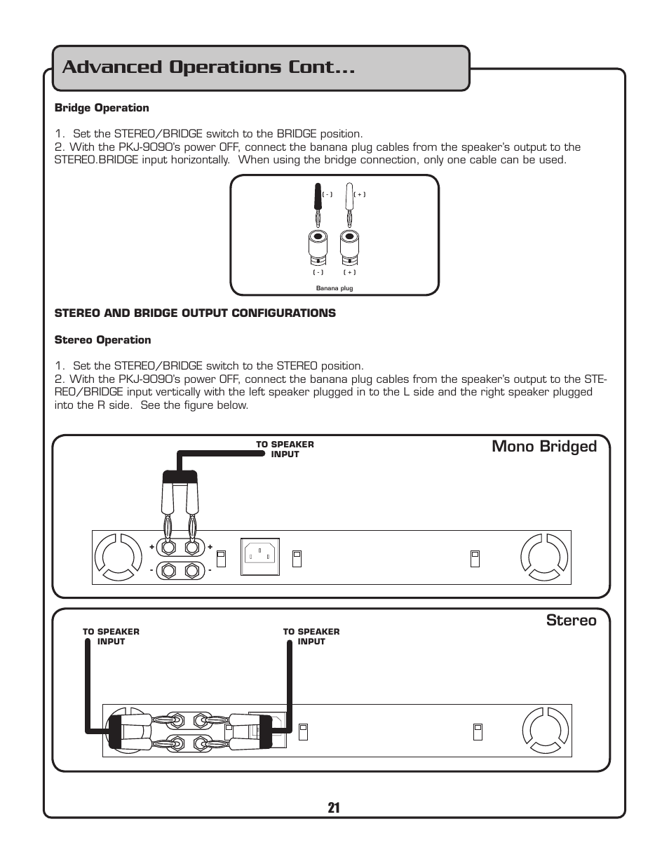 Advanced operations cont, Mono bridged, Stereo | VocoPro PKJ-9090PRO User Manual | Page 22 / 24