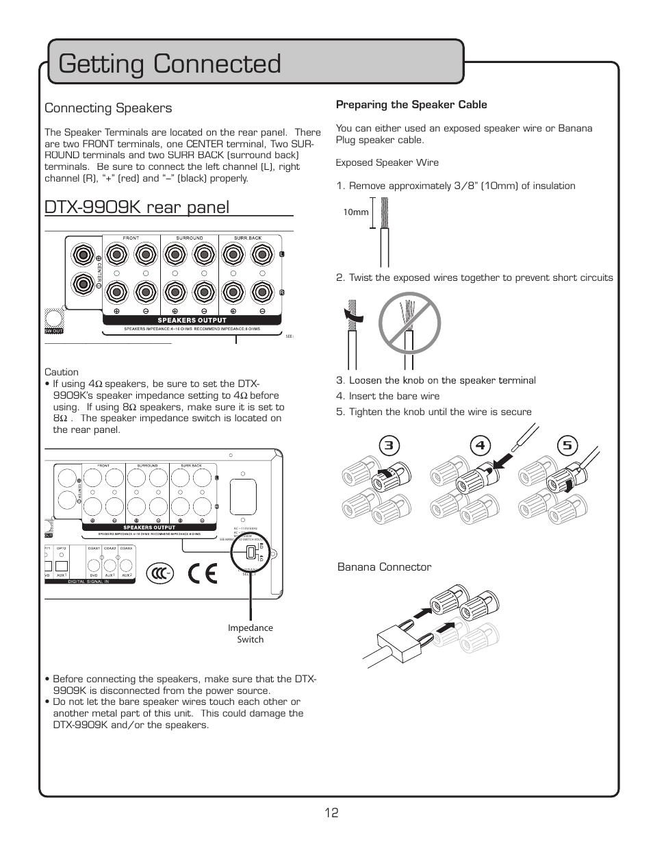 Getting connected, 12 connecting speakers, Preparing the speaker cable | VocoPro DTX-9909K User Manual | Page 12 / 52