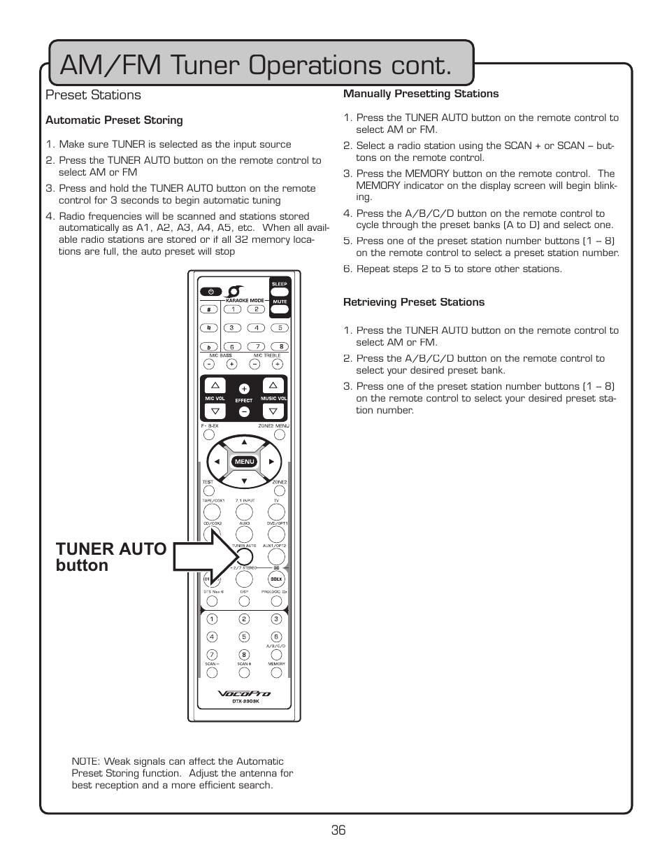 Am/fm tuner operations cont, Tuner auto button | VocoPro DTX-9909K User Manual | Page 36 / 52