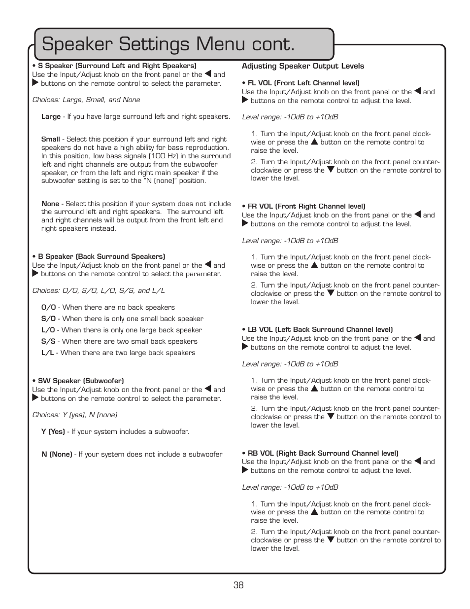 Speaker settings menu cont | VocoPro DTX-9909K User Manual | Page 38 / 52