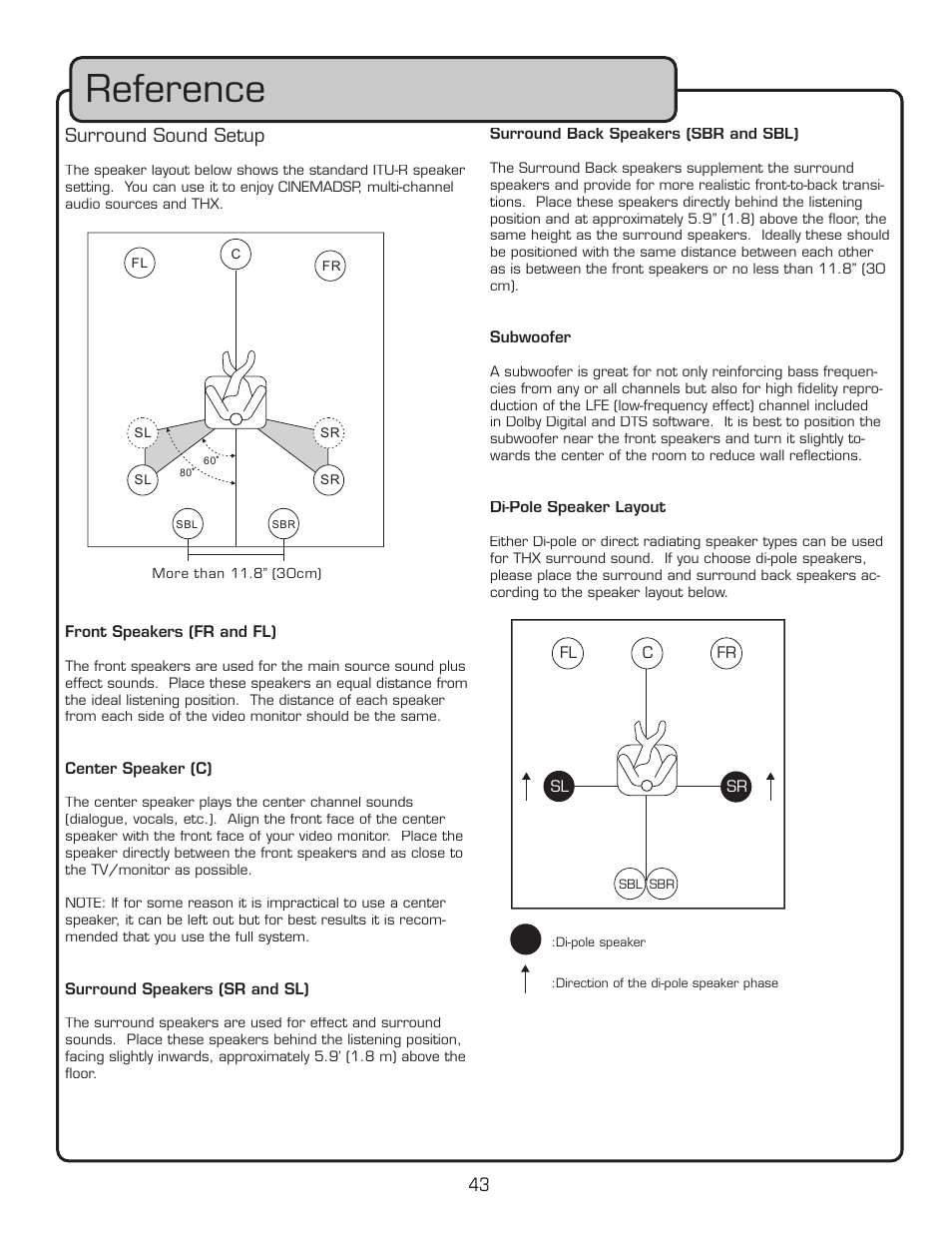 Reference, 43 surround sound setup | VocoPro DTX-9909K User Manual | Page 43 / 52