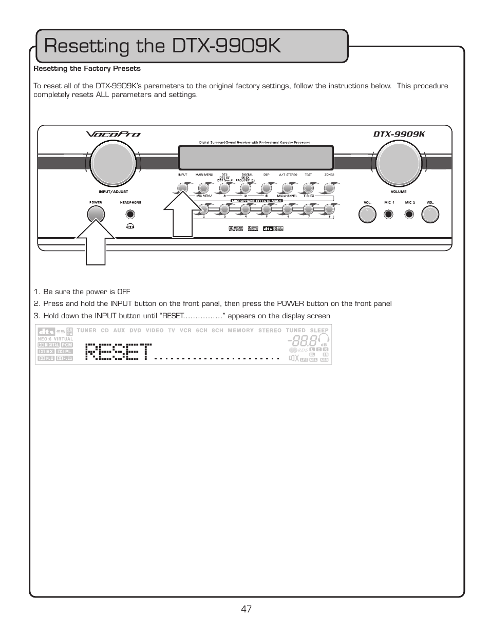 Resetting the dtx-9909k | VocoPro DTX-9909K User Manual | Page 47 / 52