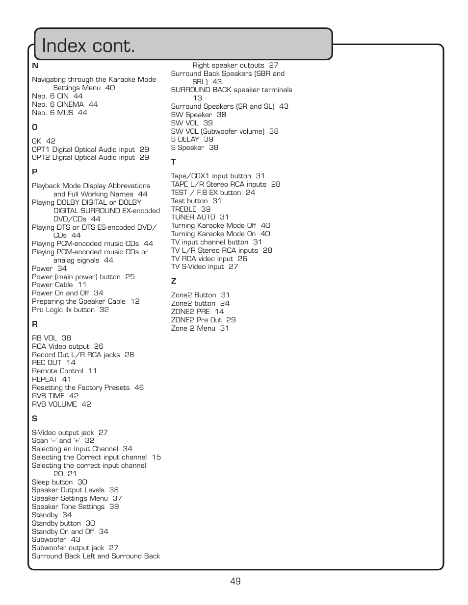 Index cont | VocoPro DTX-9909K User Manual | Page 49 / 52