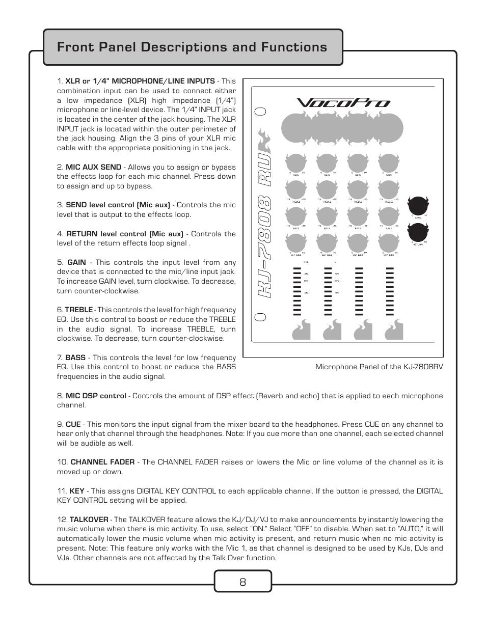 Front panel descriptions and functions | VocoPro KJ-7808RV User Manual | Page 10 / 28