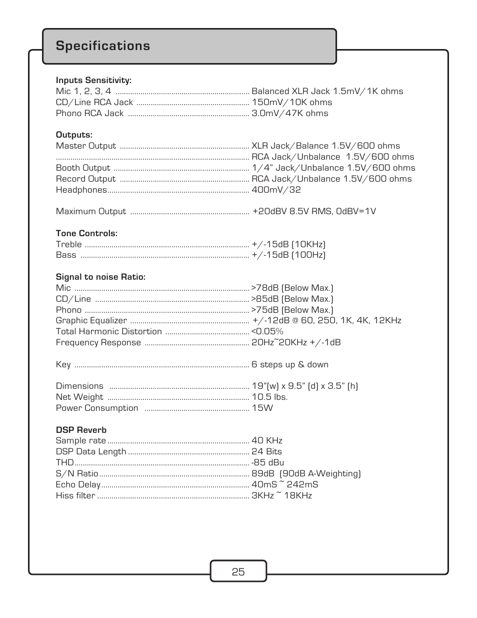 Specifications | VocoPro KJ-7808RV User Manual | Page 27 / 28