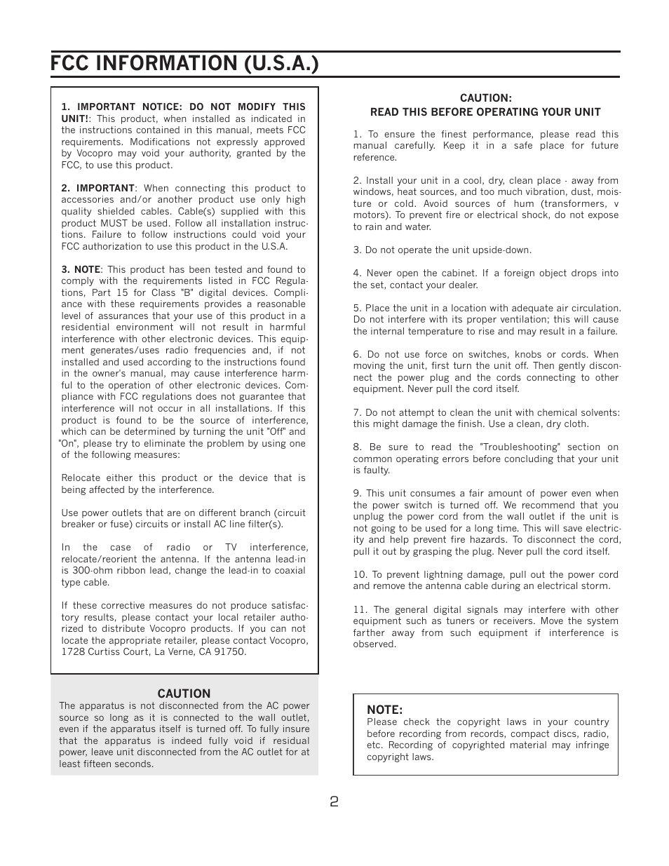 Fcc information (u.s.a.) | VocoPro KJ-7808RV User Manual | Page 4 / 28