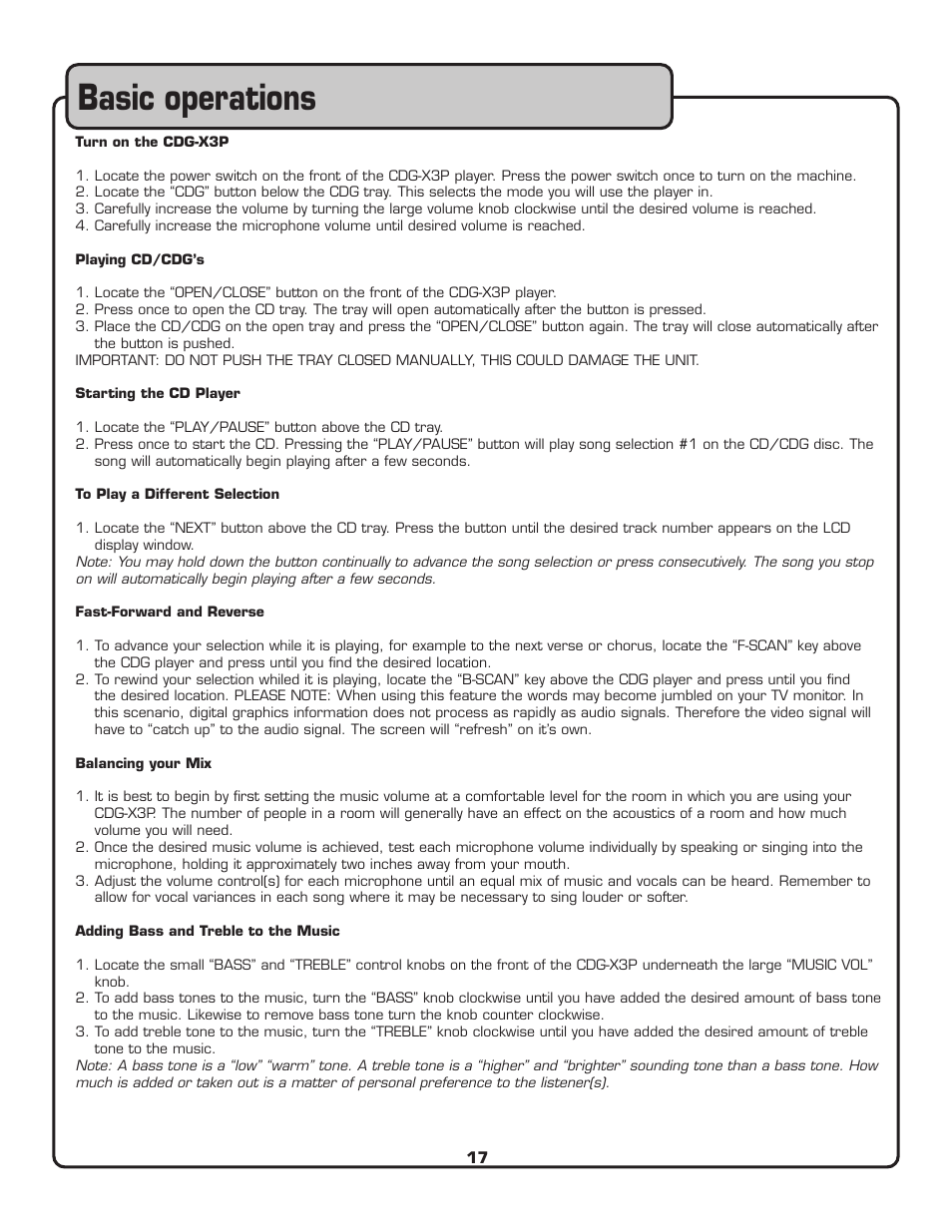 Basic operations | VocoPro CDG-X3P User Manual | Page 18 / 22