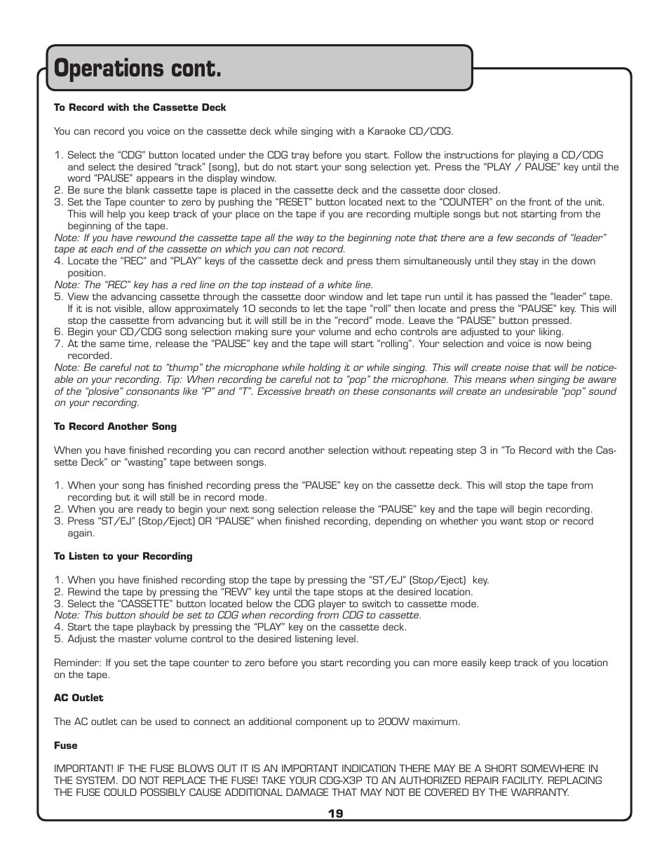 Operations cont | VocoPro CDG-X3P User Manual | Page 20 / 22