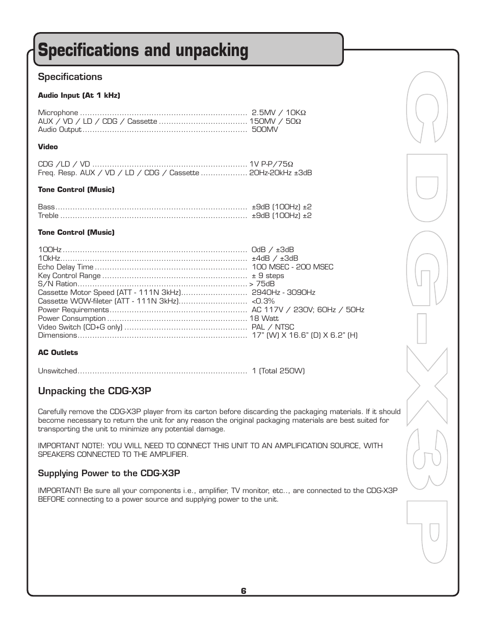 Speciﬁcations and unpacking | VocoPro CDG-X3P User Manual | Page 7 / 22