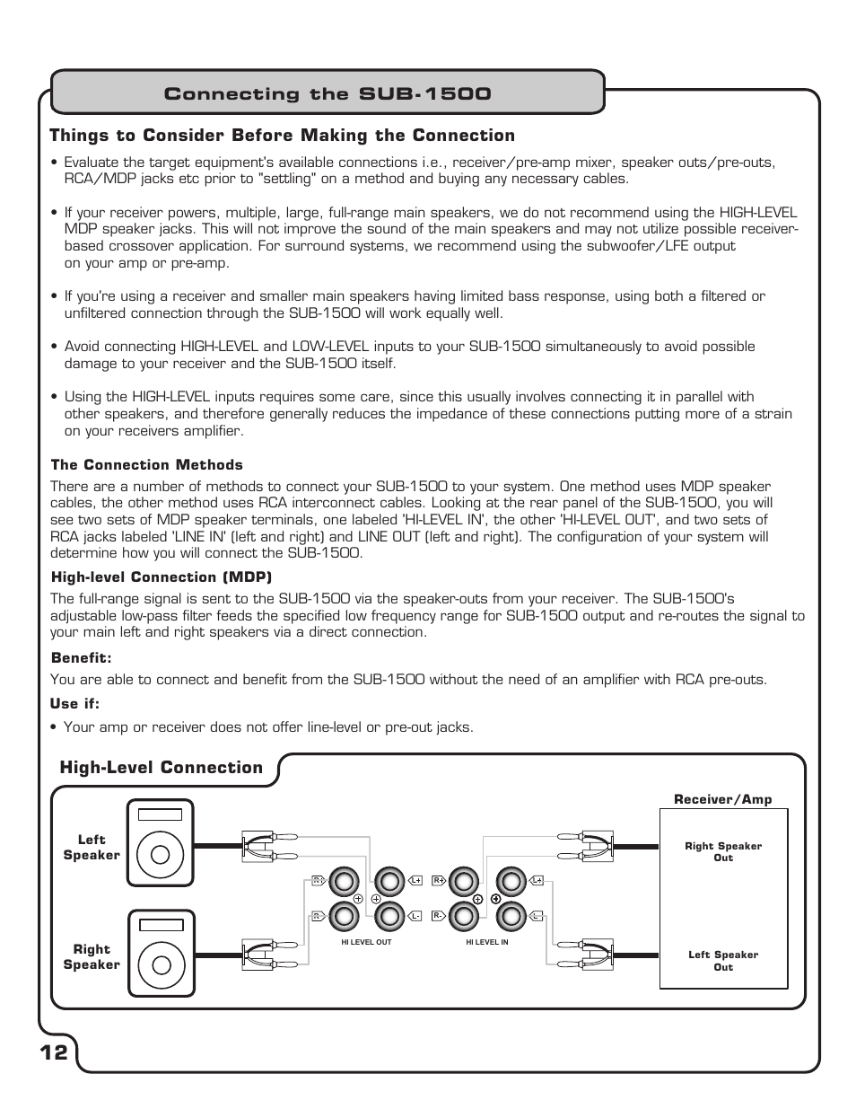 Pg 12 connecting the sub-1500.pdf, Connecting the sub-1500, Things to consider before making the connection | High-level connection | VocoPro SUB-1500 User Manual | Page 13 / 18