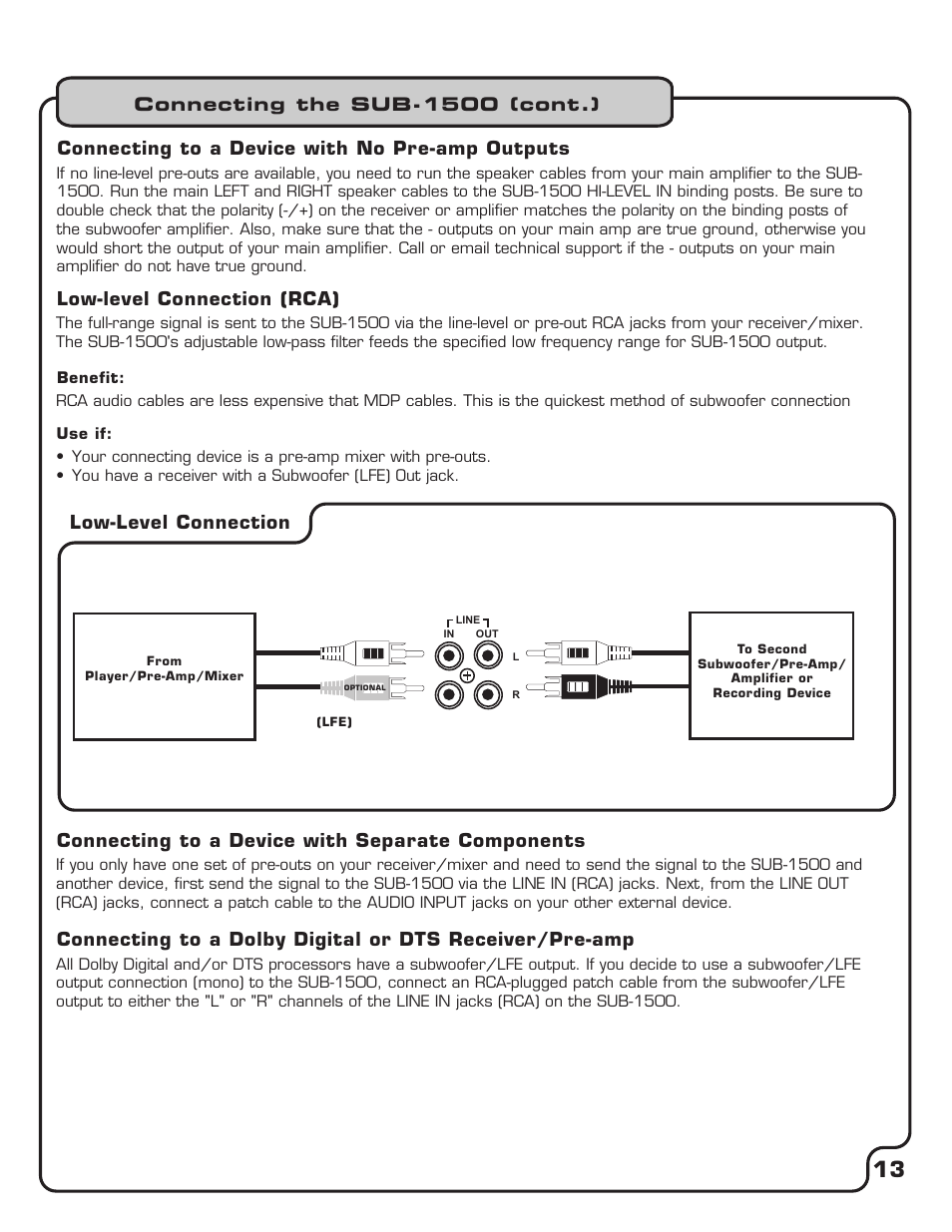 Pg 13 connecting the sub-1500 2.pdf, Connecting the sub-1500 (cont.), Low-level connection (rca) | Connecting to a device with no pre-amp outputs, Connecting to a device with separate components, Low-level connection | VocoPro SUB-1500 User Manual | Page 14 / 18