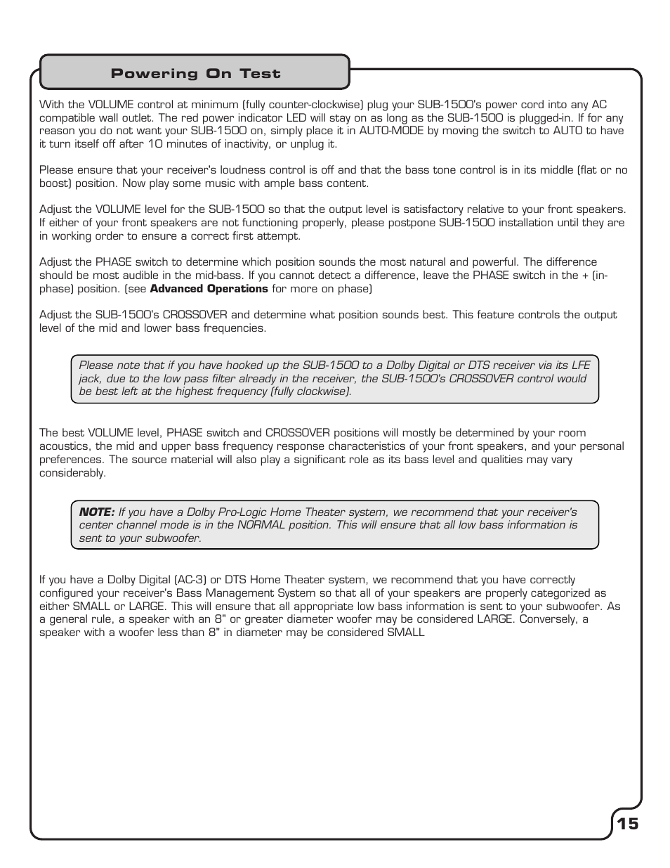 Pg 15 powering on test.pdf | VocoPro SUB-1500 User Manual | Page 16 / 18