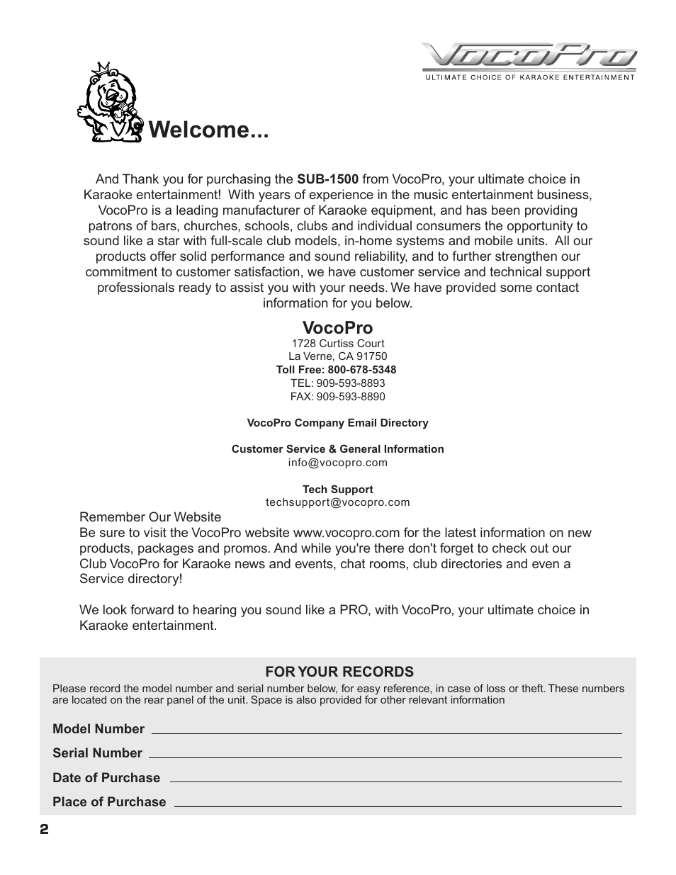 Pg 02 welcome.pdf, Welcome, Vocopro | VocoPro SUB-1500 User Manual | Page 3 / 18