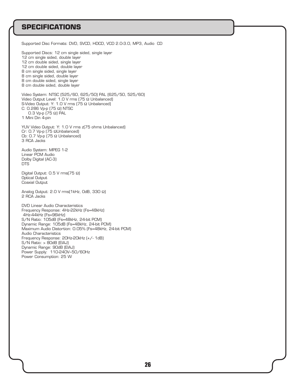 Specifications | VocoPro DVX-780K User Manual | Page 26 / 27
