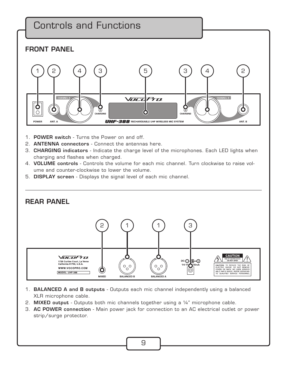 Controls and functions | VocoPro UHF-388 User Manual | Page 11 / 16