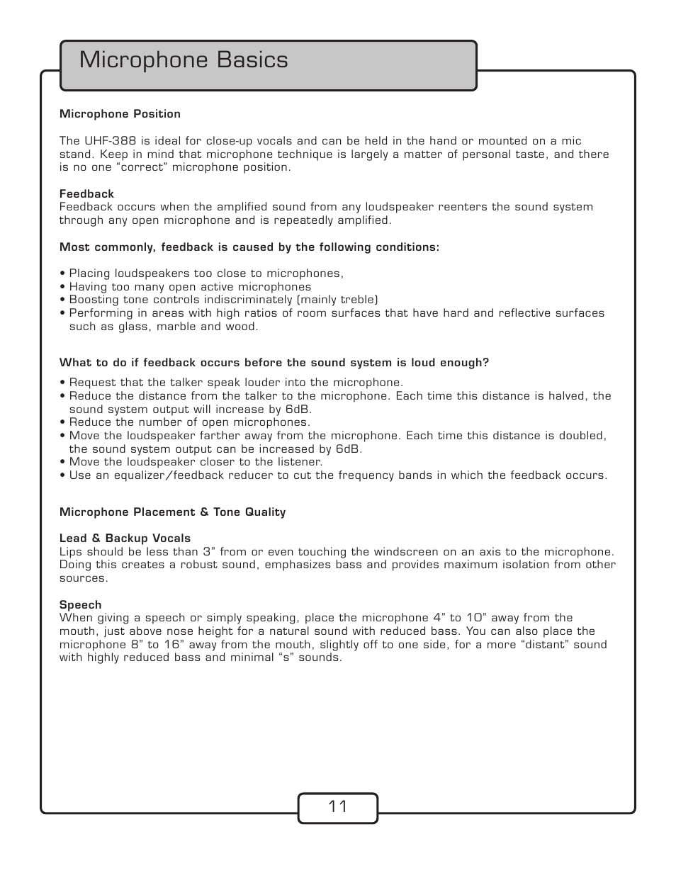 Microphone basics | VocoPro UHF-388 User Manual | Page 13 / 16