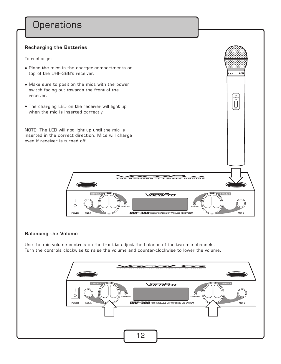 Operations, Recharging the batteries, Balancing the volume | VocoPro UHF-388 User Manual | Page 14 / 16