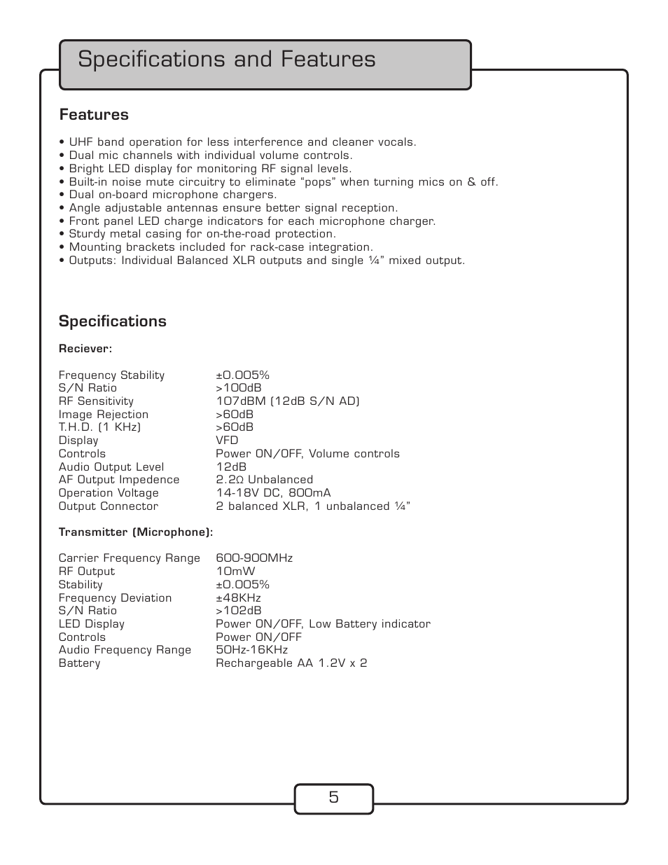 Speciﬁcations and features, Features speciﬁcations | VocoPro UHF-388 User Manual | Page 7 / 16