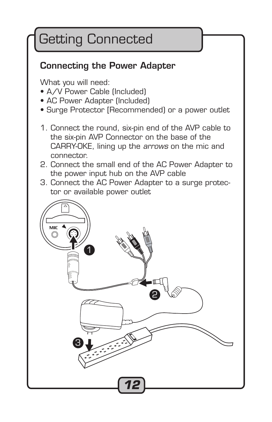 Getting connected, Connecting the power adapter | VocoPro Carry-Oke Microphone User Manual | Page 12 / 28