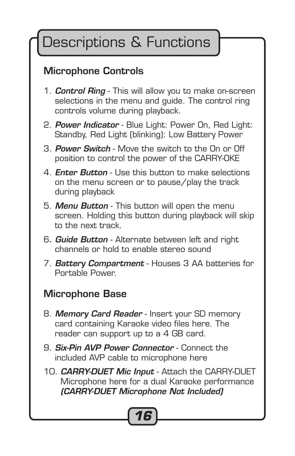 Descriptions & functions | VocoPro Carry-Oke Microphone User Manual | Page 16 / 28