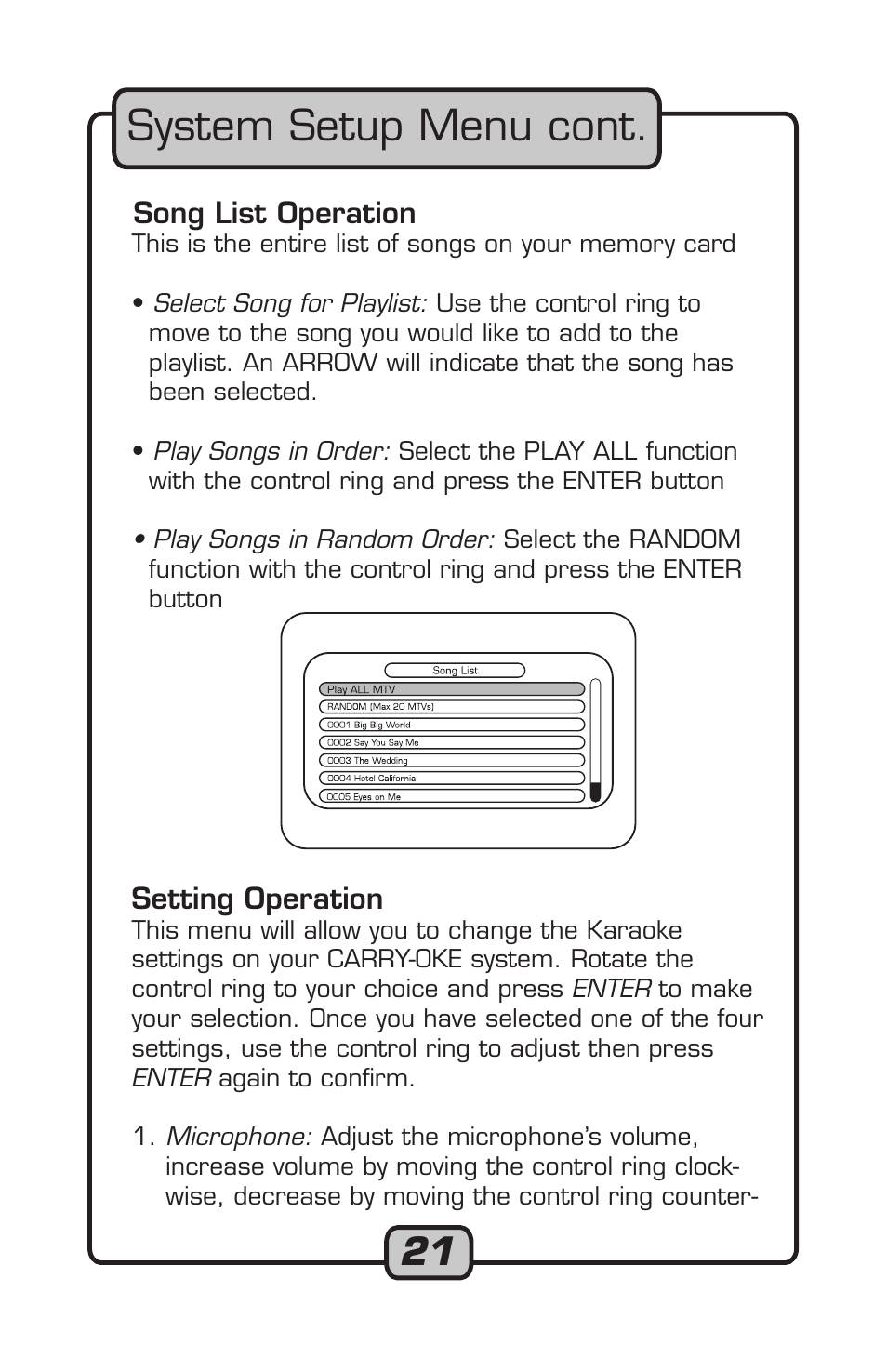 System setup menu cont | VocoPro Carry-Oke Microphone User Manual | Page 21 / 28