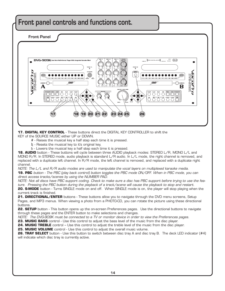 Front panel controls and functions cont | VocoPro THE SINGER'S ULTIMATE CHOICE DVG-909K User Manual | Page 15 / 34