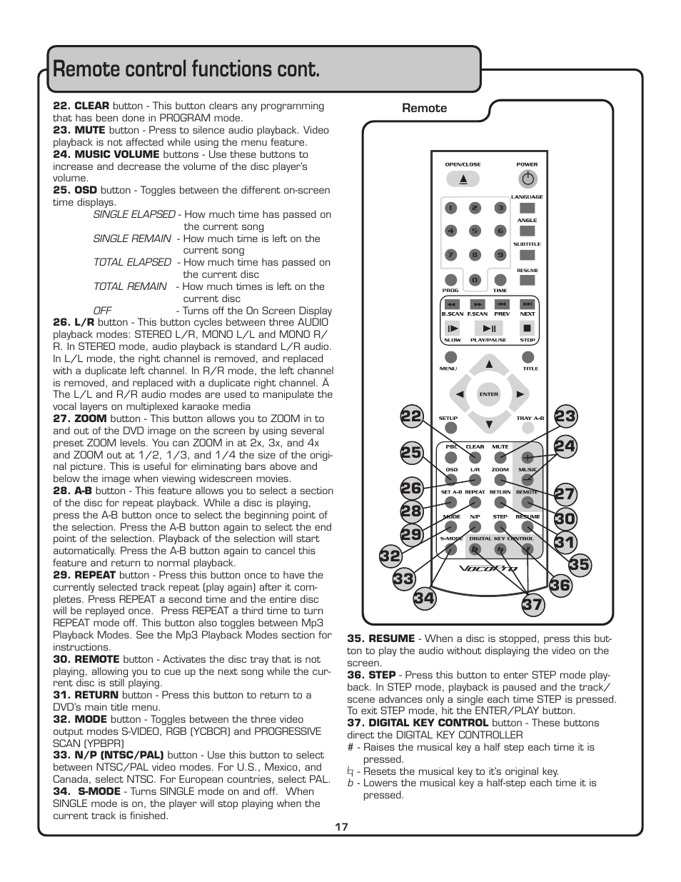 Remote control functions cont | VocoPro THE SINGER'S ULTIMATE CHOICE DVG-909K User Manual | Page 18 / 34
