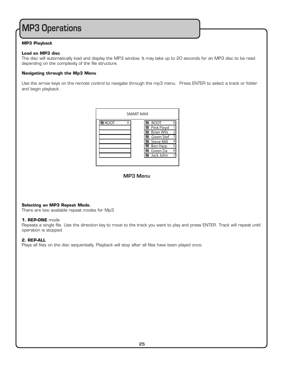 Mp3 operations | VocoPro THE SINGER'S ULTIMATE CHOICE DVG-909K User Manual | Page 26 / 34