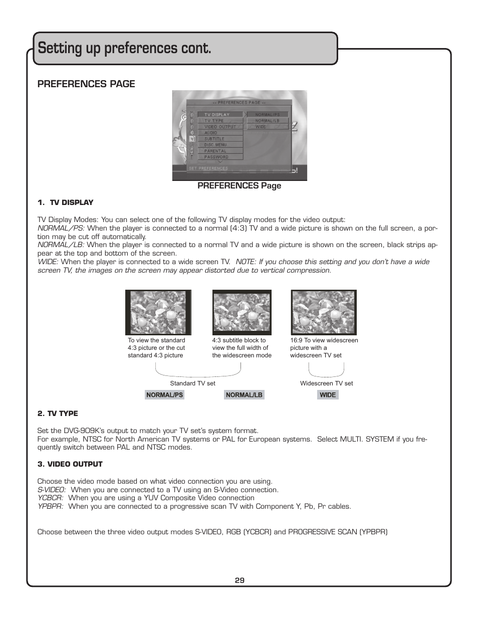 Setting up preferences cont, Preferences page | VocoPro THE SINGER'S ULTIMATE CHOICE DVG-909K User Manual | Page 30 / 34