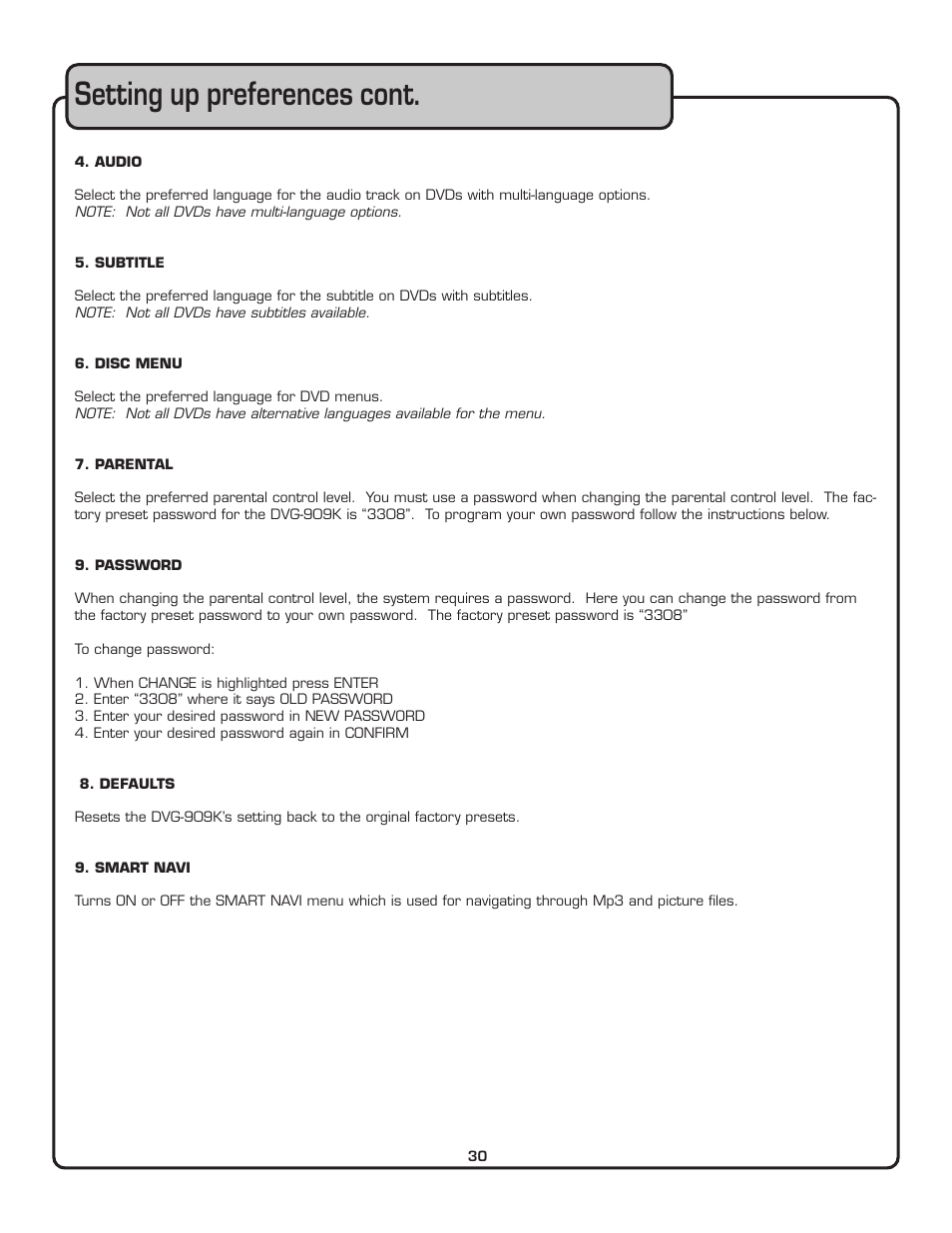 Setting up preferences cont | VocoPro THE SINGER'S ULTIMATE CHOICE DVG-909K User Manual | Page 31 / 34