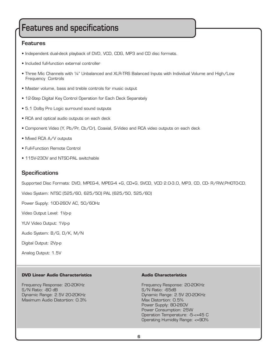 Features and specifications | VocoPro THE SINGER'S ULTIMATE CHOICE DVG-909K User Manual | Page 7 / 34