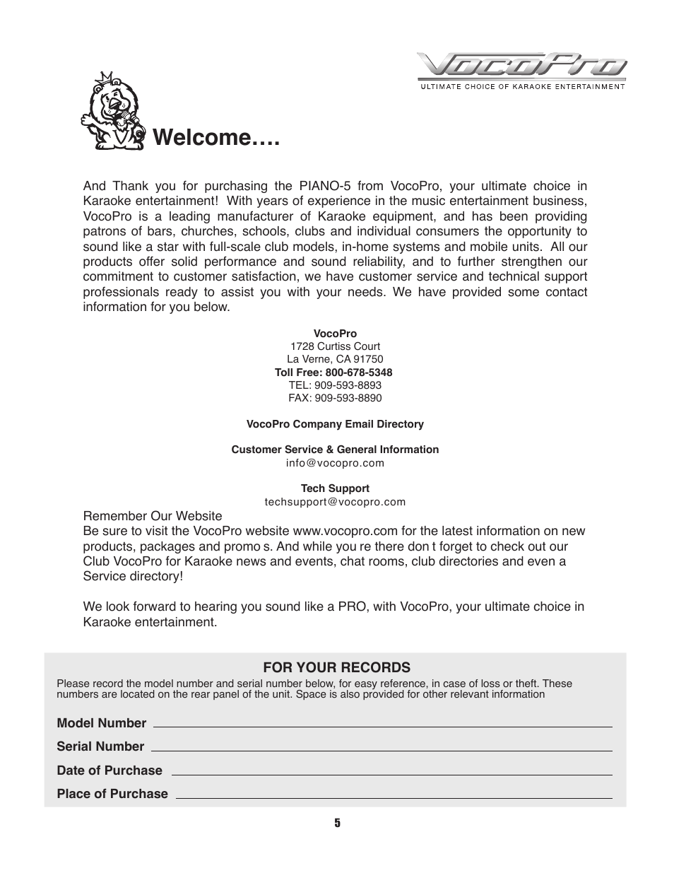 Welcome | VocoPro PIANO-5 User Manual | Page 5 / 8