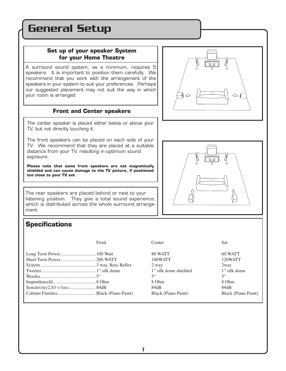 General setup, Speciﬁcations | VocoPro PIANO-5 User Manual | Page 7 / 8