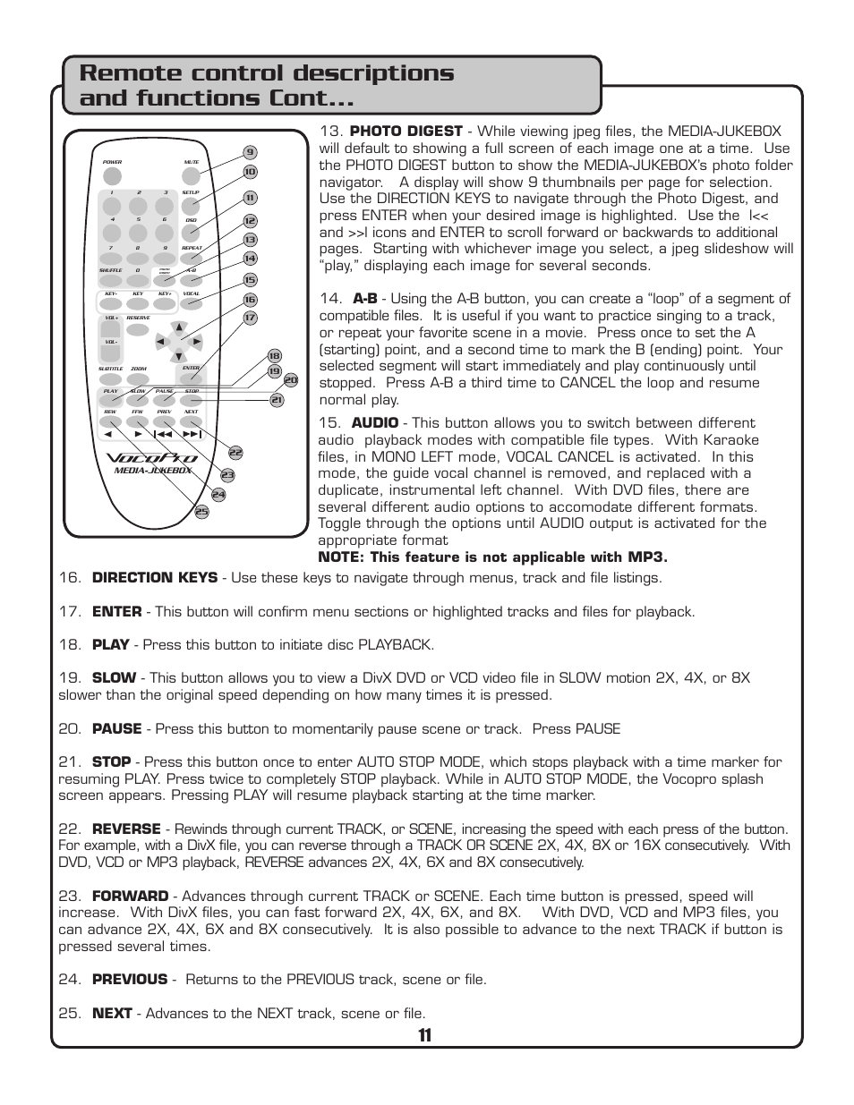 Remote control descriptions and functions cont | VocoPro MEDIA-JUKEBOX40 User Manual | Page 11 / 19