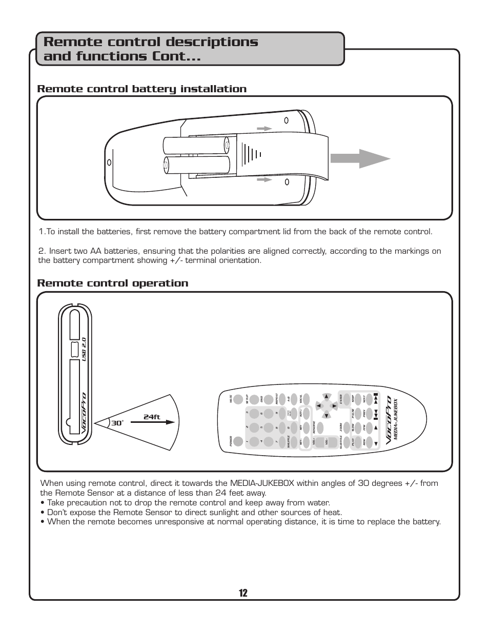 Remote control descriptions and functions cont, Remote control battery installation, Remote control operation | 30˚ 24ft | VocoPro MEDIA-JUKEBOX40 User Manual | Page 12 / 19
