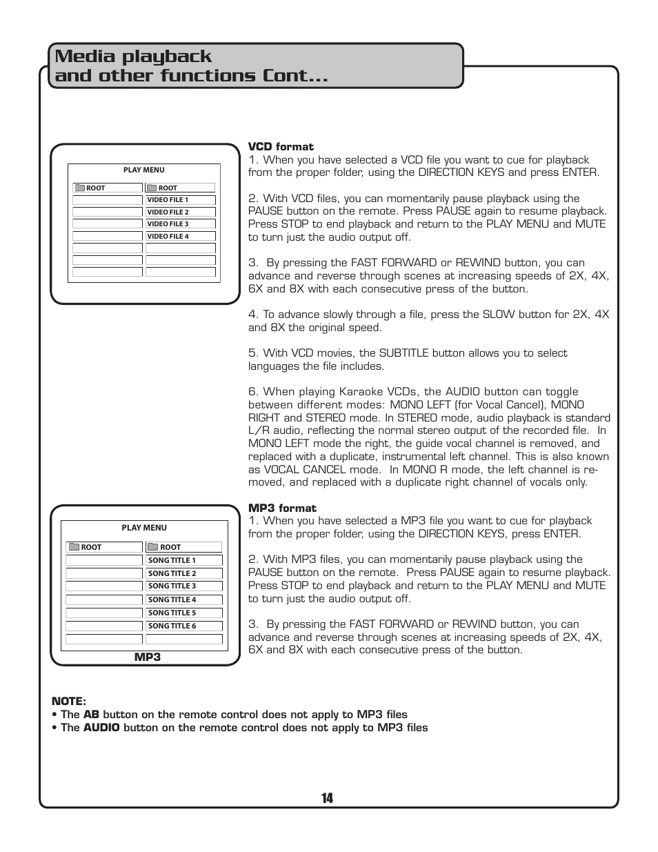 Media playback and other functions cont | VocoPro MEDIA-JUKEBOX40 User Manual | Page 14 / 19
